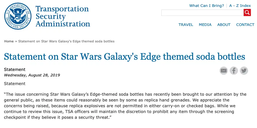 comunicado TSA sobre garrafas Star Wars galaxy's edge